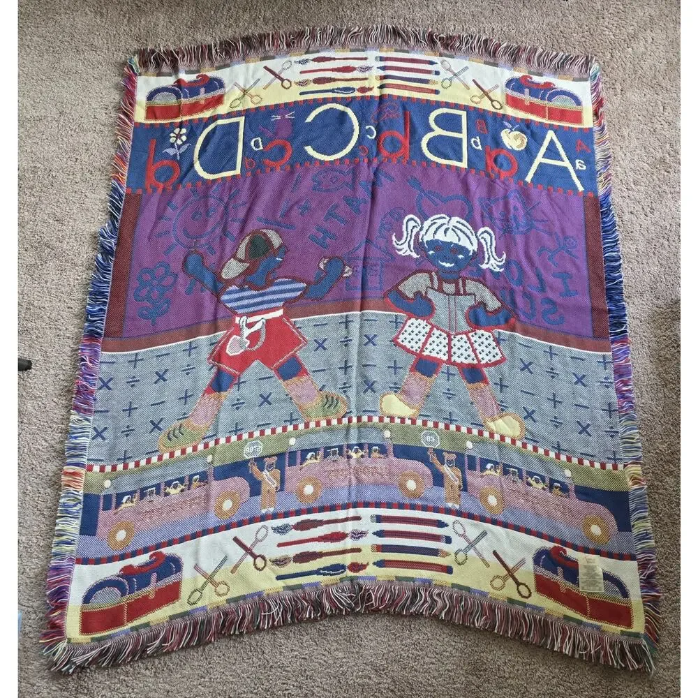 Vintage Back To School Woven Tapestry Throw Blanket American Weavers 90s Cotton